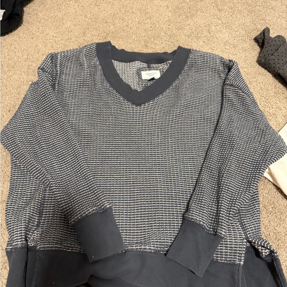 American Eagle Outfitters Blue and White V-Neck Sweater